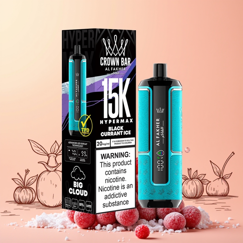 Al Fakher Crown Bar 15K Hypermax 15 000 Drag Compact Type-C Svartvinbär Is Sverige Grossist