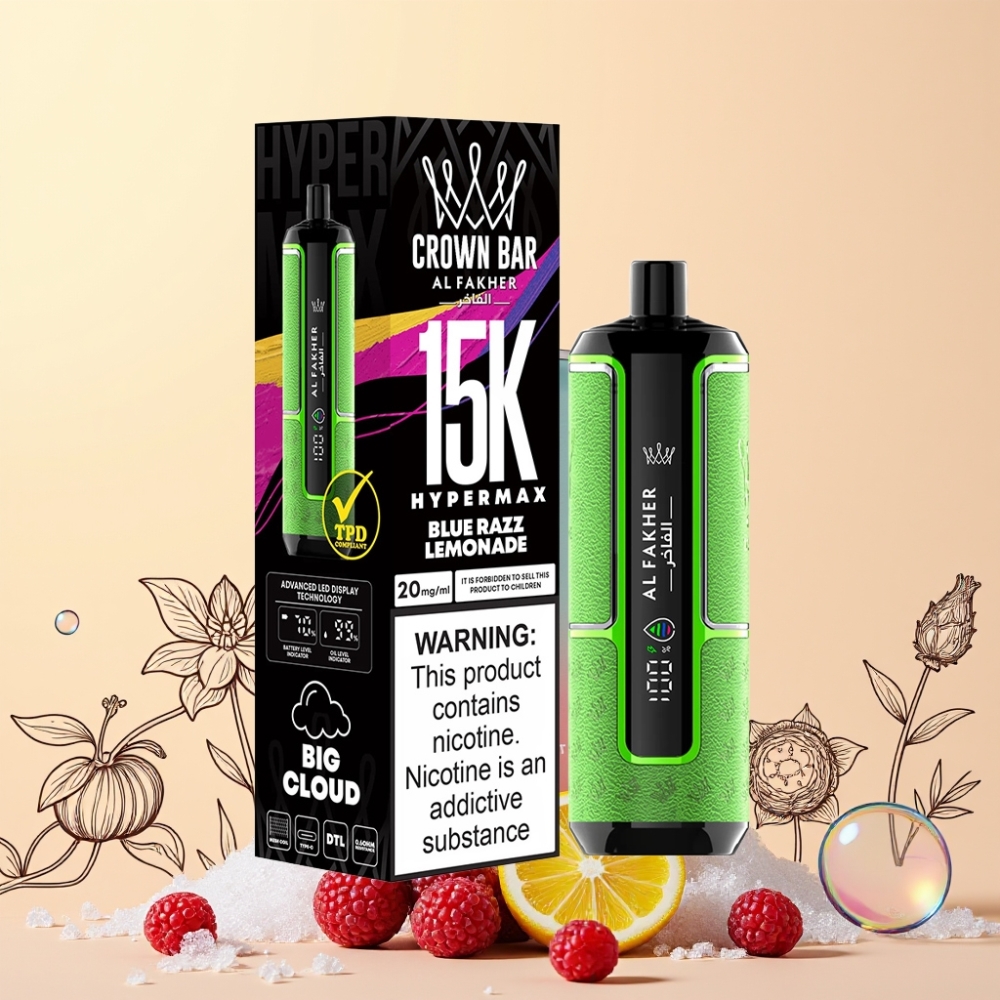 Al Fakher Crown Bar 15K Hypermax 15 000 Mun Type-C Port 600mAh 22ml Sverige Grossist Blå Hallon Lemonad