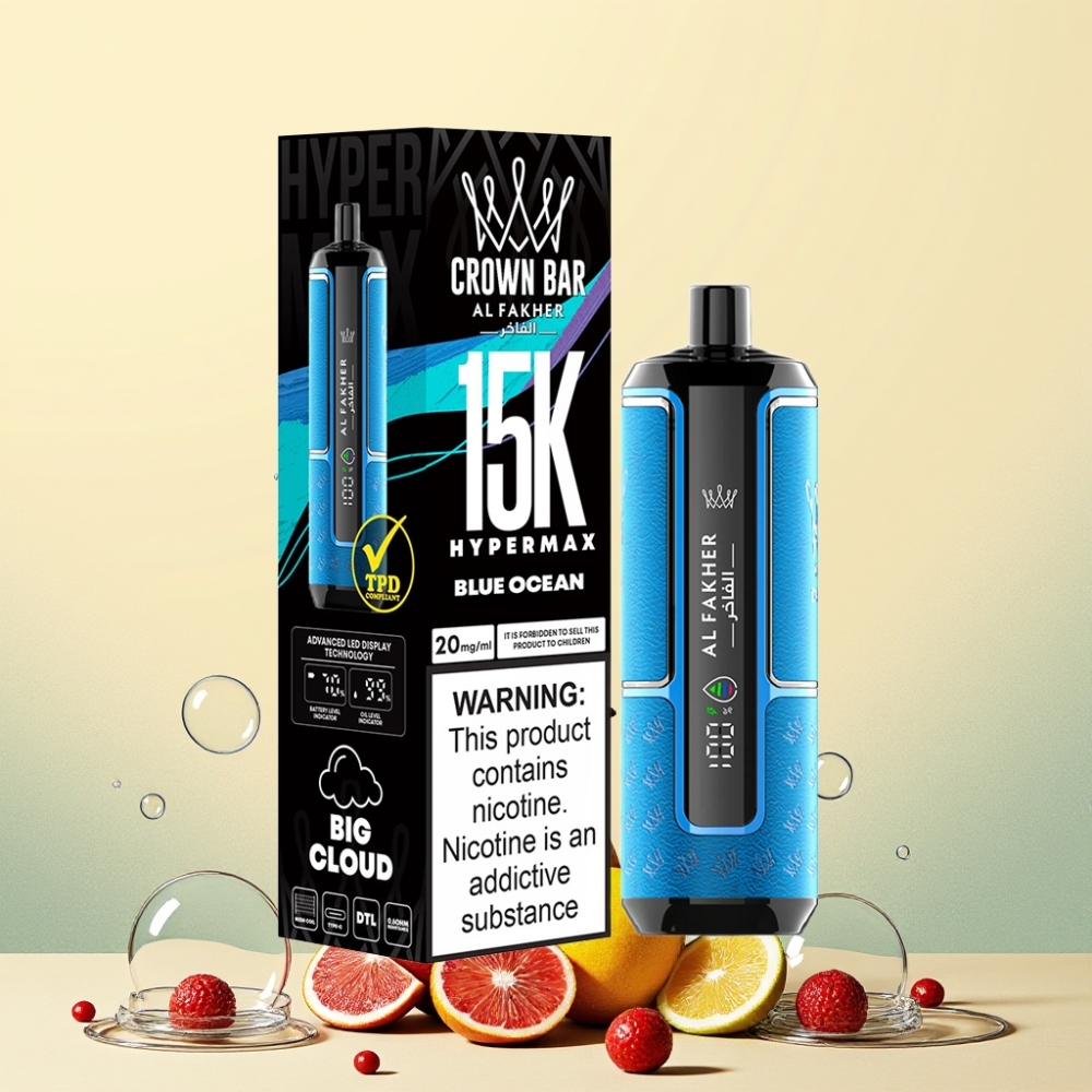 Al Fakher Crown Bar 15K Hypermax Engångs Vape Kit Blå Hav Sverige Grossist