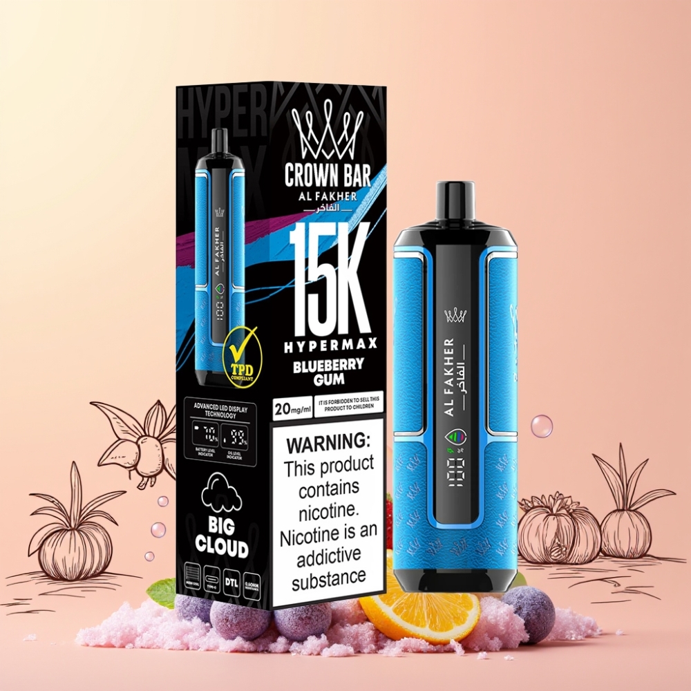 Al Fakher Crown Bar 15K Hypermax Sverige Grossist 22ml 600mAh Type-C DTL 20mg Blåbärs Tuggummi