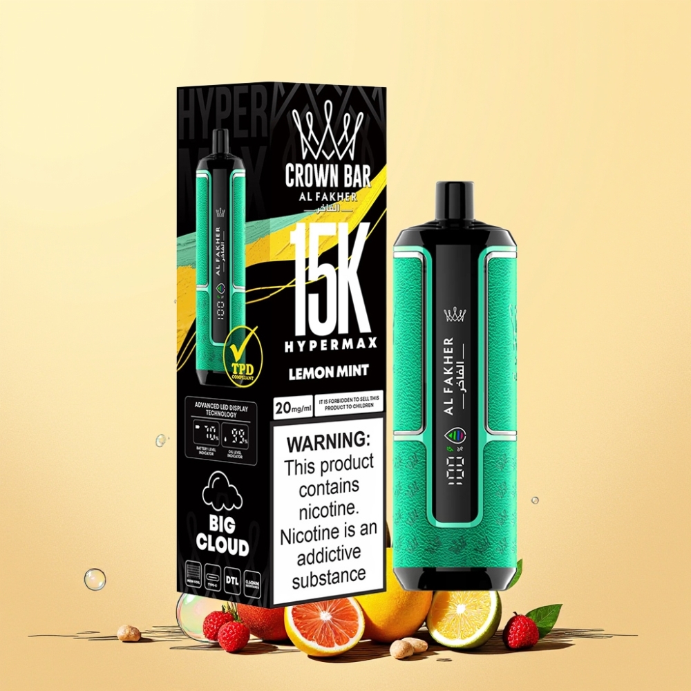 Al Fakher Crown Bar 15K Hypermax Sverige Grossist 22ml 600mAh Type-C DTL 20mg Kompakt Citron Mynta