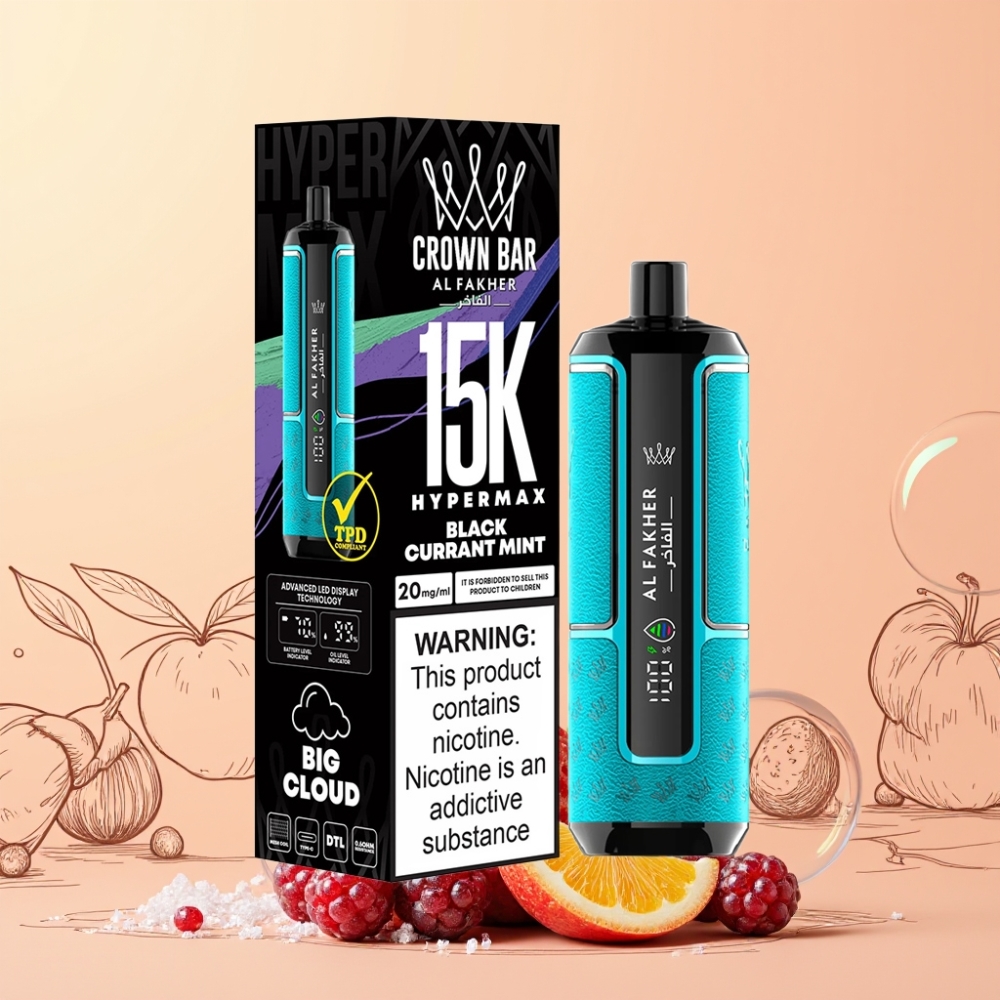 Al Fakher Crown Bar 15K Hypermax Sverige Grossist Engångs Vape Kit Svartvinbär Mynta