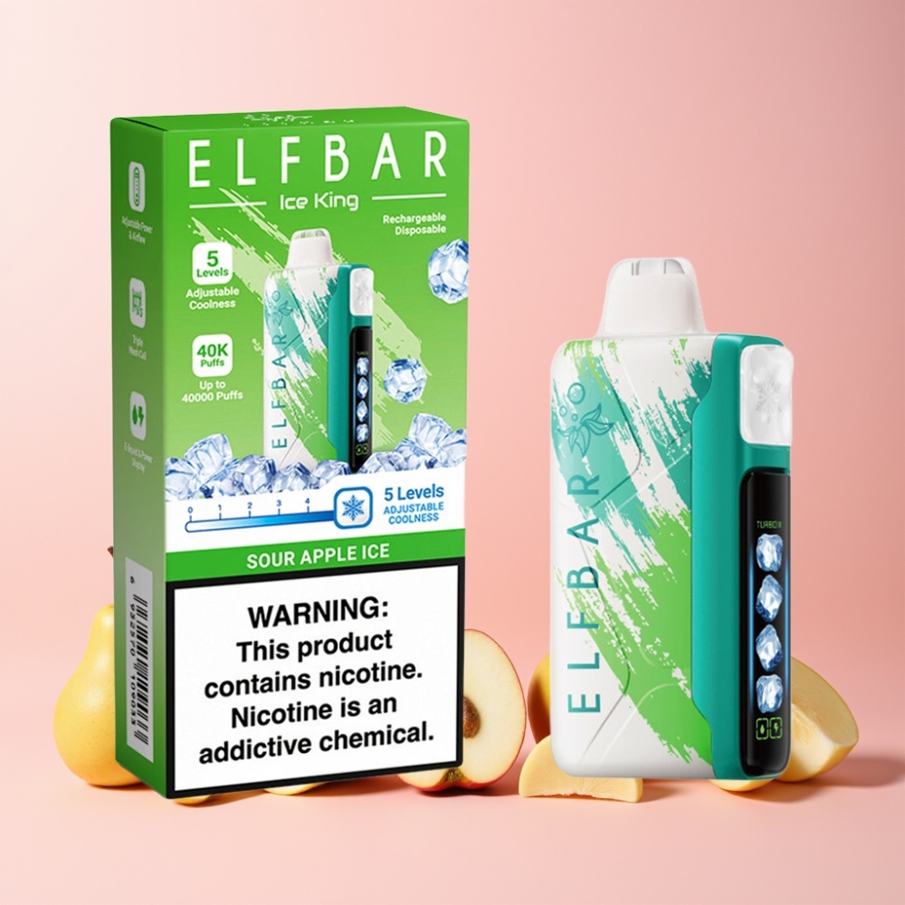 Elf Bar Ice King 40000 Puff Återuppladdningsbar 850mAh Justerbara Kylningsnivåer Dual Luftflöde LCD Display Sverige Grossist Sur Äpple Is