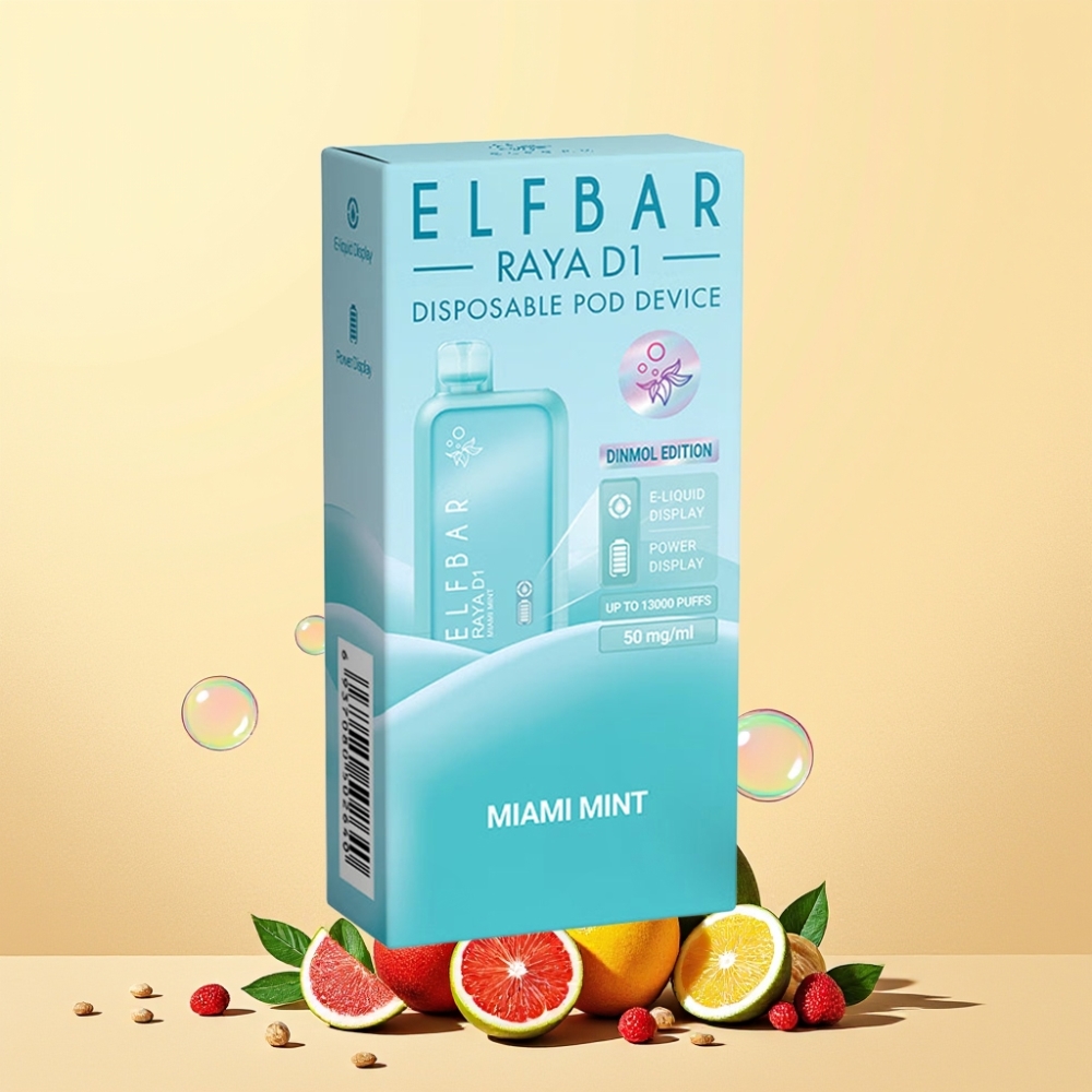 Elf Bar Raya D1 13000 Puffar Svensk Grossist Laddningsbar Display Miami Mynta