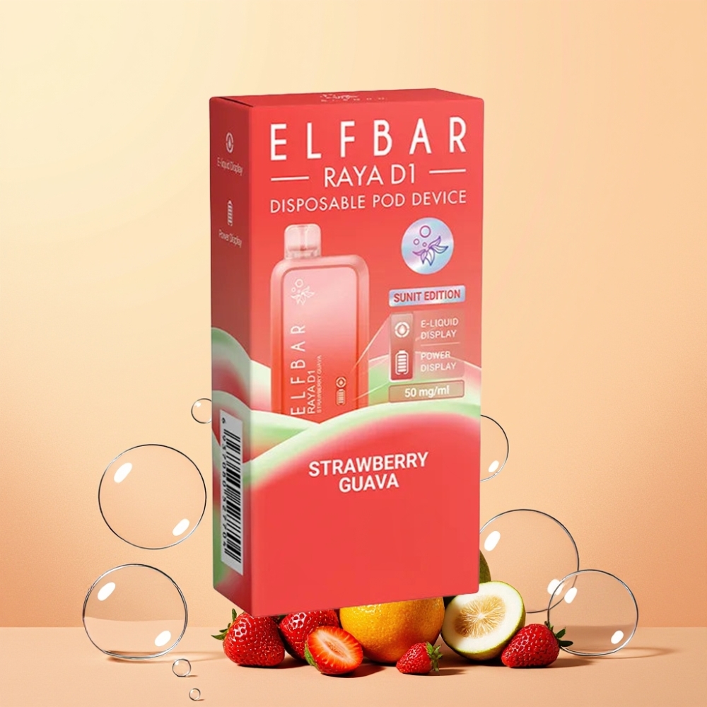 Elf Bar Raya D1 13000 Puffar Svensk Grossist Laddningsbar Jordgubbe Guava