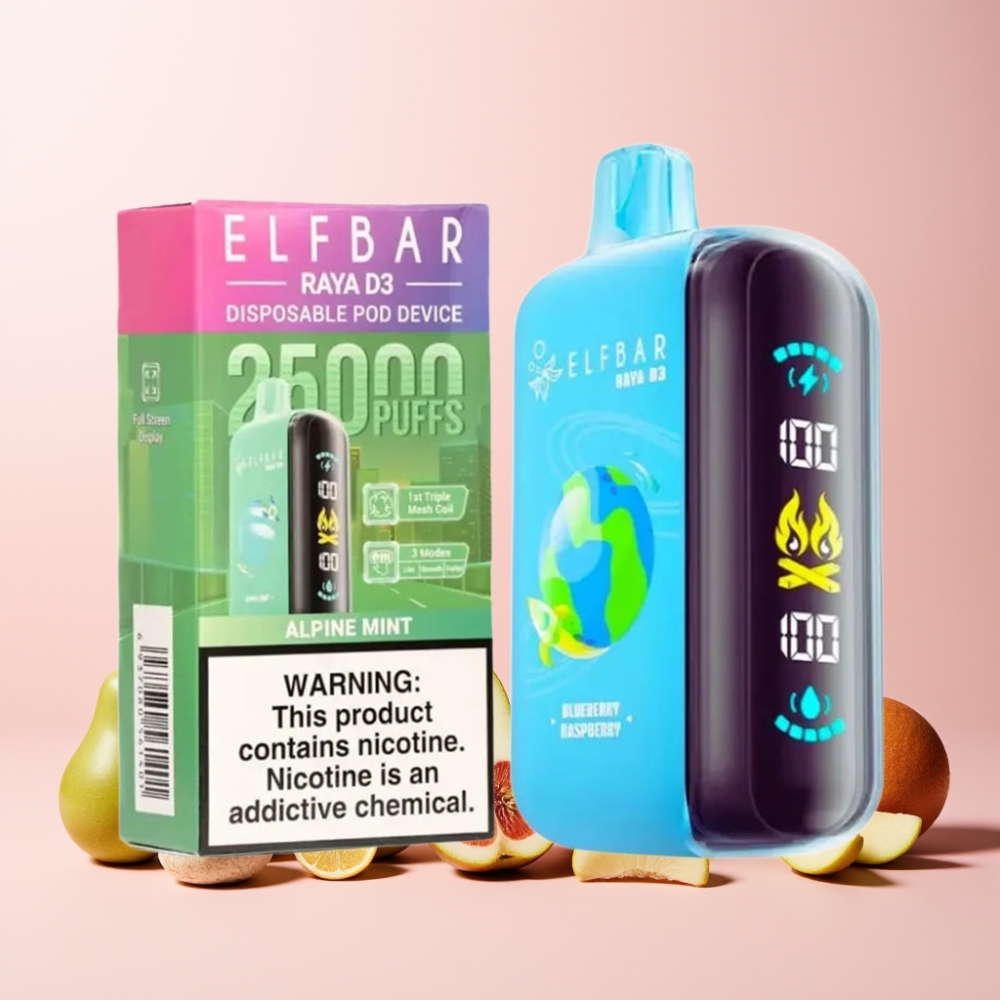 ELF BAR RAYA D3 25000 Puffar Rechargebar Svensk Grossist Typ-C Display Alpin Mynta