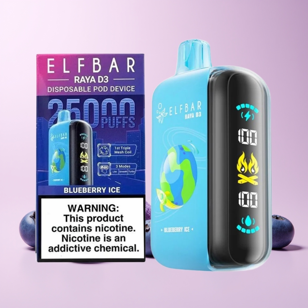 ELF BAR RAYA D3 25000 Puffs Rechargebar 23ml 5% Type-C Skärm Sverige Grossist Blåbär Is