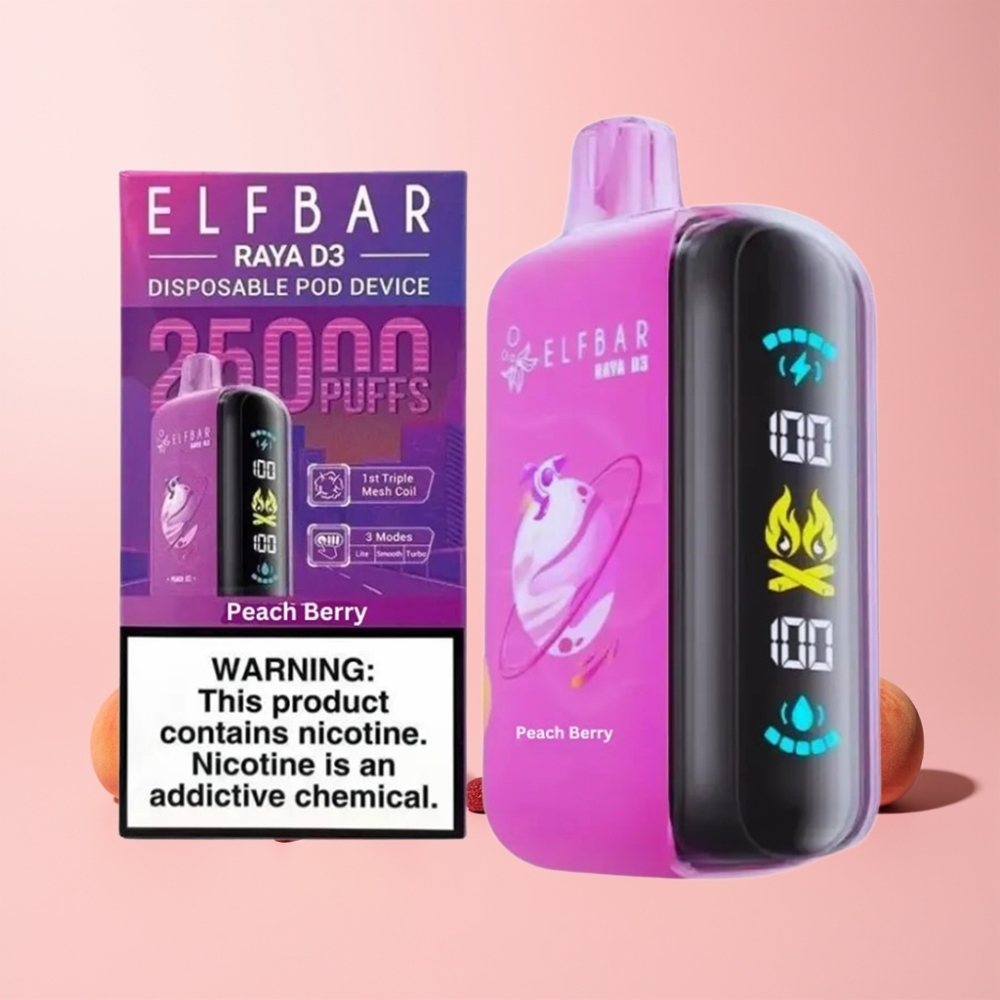 ELF BAR RAYA D3 25000 Puffs Rechargebar Type-C Skärm Persika Bär Sverige Grossist