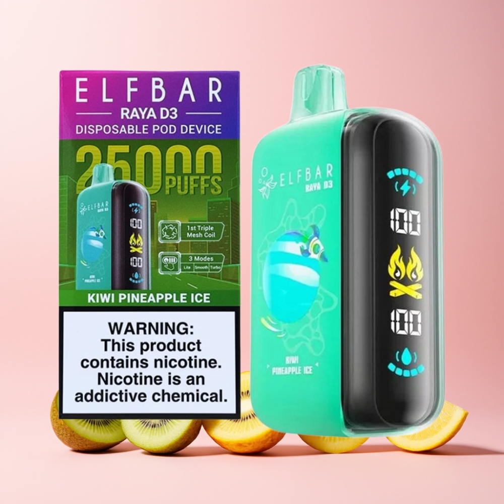 ELF BAR RAYA D3 25000 Puffs Sverige Grossist Laddningsbar Stor Skärm Kiwi Ananas Is