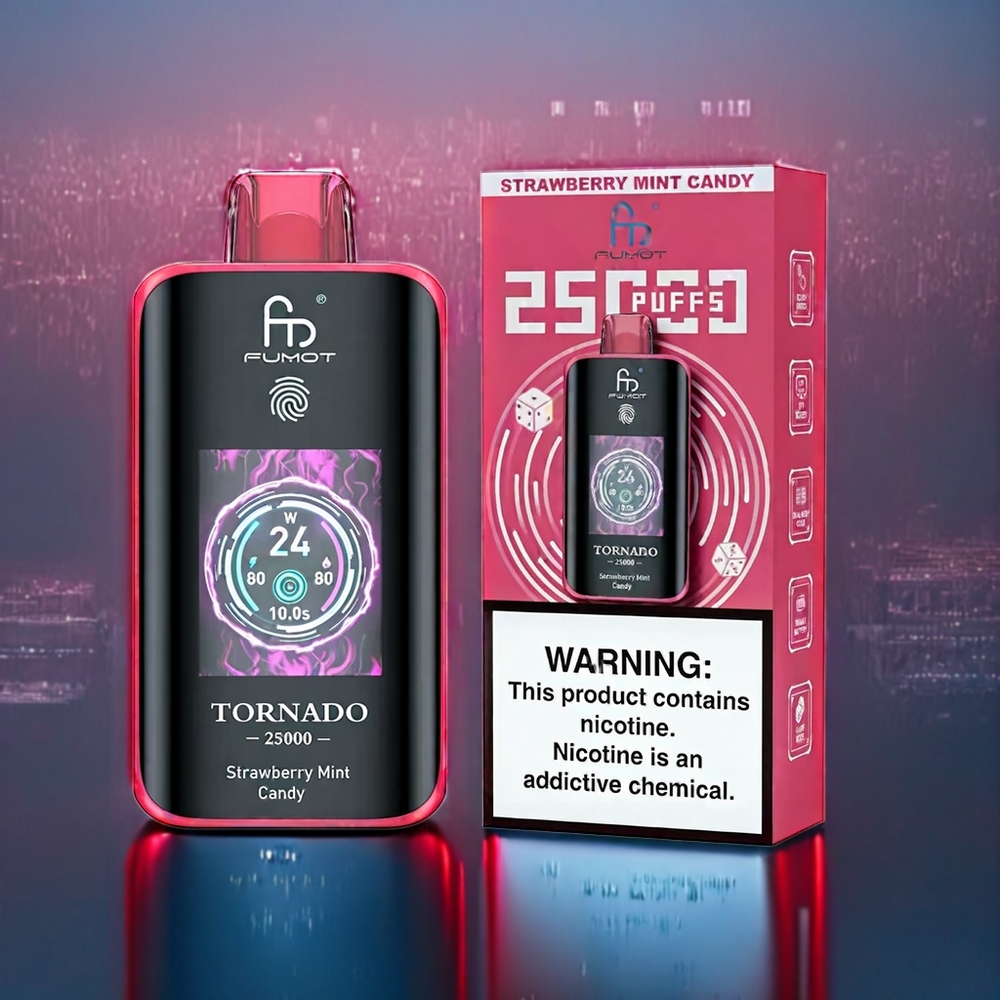 Jordgubb Mint Godis Fumot Tornado 25000 Puffar HD Skärm 700mAh 20ml Sverige Grossist