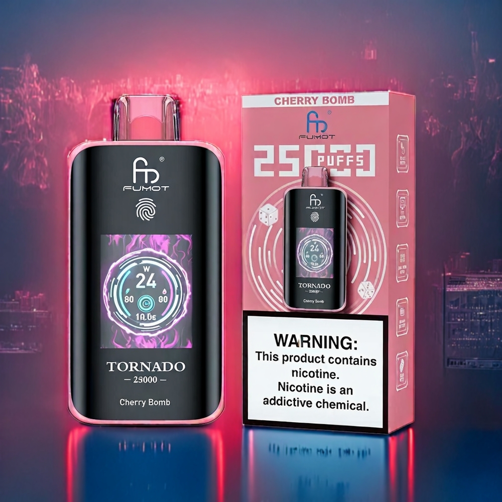 Körsbärs Bomb Fumot Tornado 25000 Puffar HD Skärm 700mAh 20ml Sverige Grossist