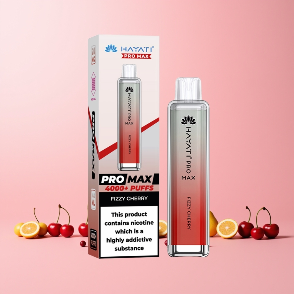 Hayati Pro Max 4000 Puffs Omladdningsbar Dual 1.1 Ohm Mesh Coil Svensk Grossist Fizzy Körsbär