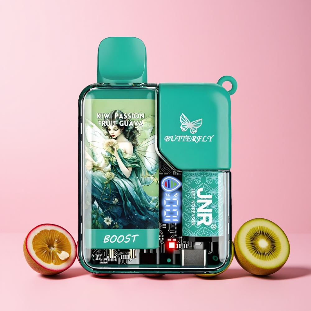 JNR Butterfly 8500 Puffar Digital Display 1200mAh Transparent Kropp Sverige Grossist Kiwi Passionsfrukt Guava