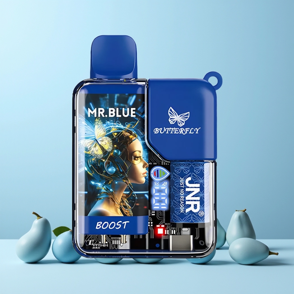 JNR Butterfly 8500 Puffar Digital Display 15ml Transparent Kropp Med Band Design Herr Blå Sverige Grossist