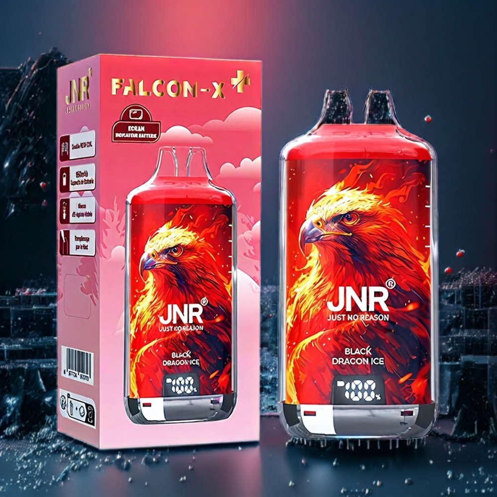JNR Falcon X⁺ 28000 Puffs Synlig E-Vätskenivå Toppfyllningsdesign 1.2Ω Dual Mesh Coil Batteriindikator Sverige Grossist Svart Drake Is