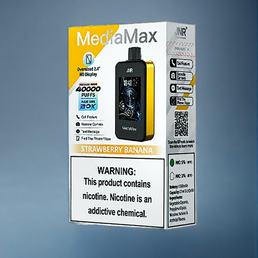 Jordgubb Banan JNR MediaMax 40000 Puffar 21mL 5% Nikotin 1000mAh Batteri Dual Mesh Coil Typ-C Snabbuppladdning 2.4\'\' HD Skärm Sverige Grossist