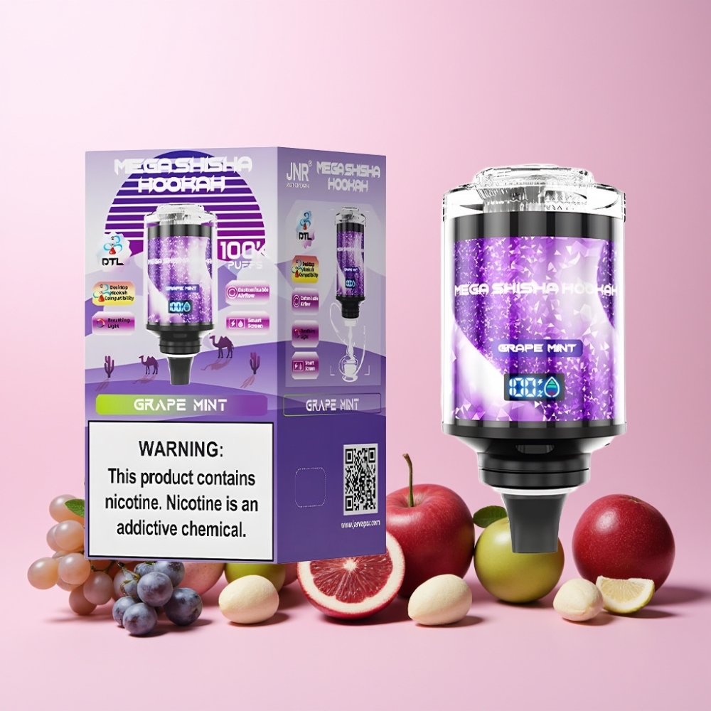 JNR Mega Shisha Hookah 100K Skrivbordskompatibel Interaktiv Smart Skärm Justerbar Luftflöde 2200mAh Vindruva Mynta Sverige Grossist