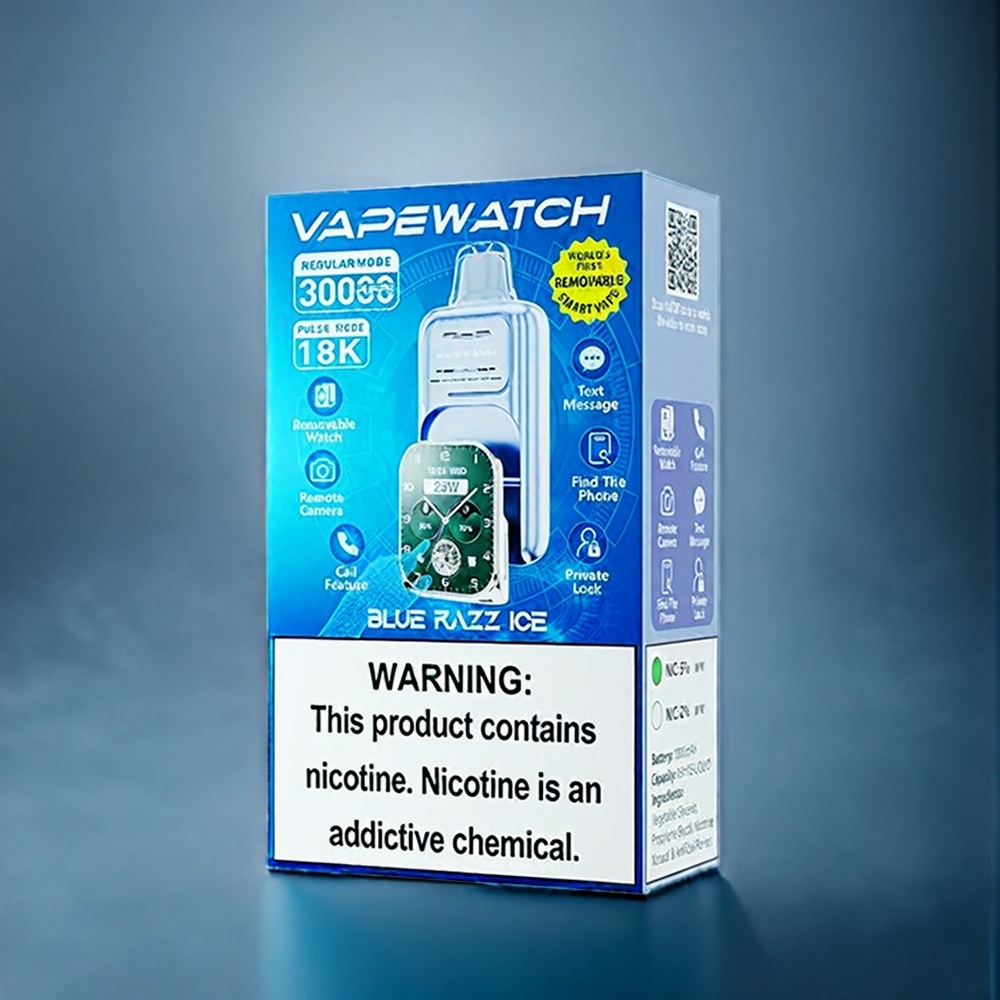 Blå Hallon Is JNR Vape Watch 30000 Puffar Sverige Grossist 1000mAh Type-C 19mL Dual Mesh Coil 5% Nikotin