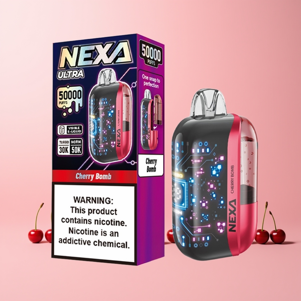 NEXA Ultra 50000 Puff 20ml 800mah 5% Nikotin 0.9ohm Dual Mesh 3D Curved Skärm Type-C Sverige Grossist Körsbär Bomp