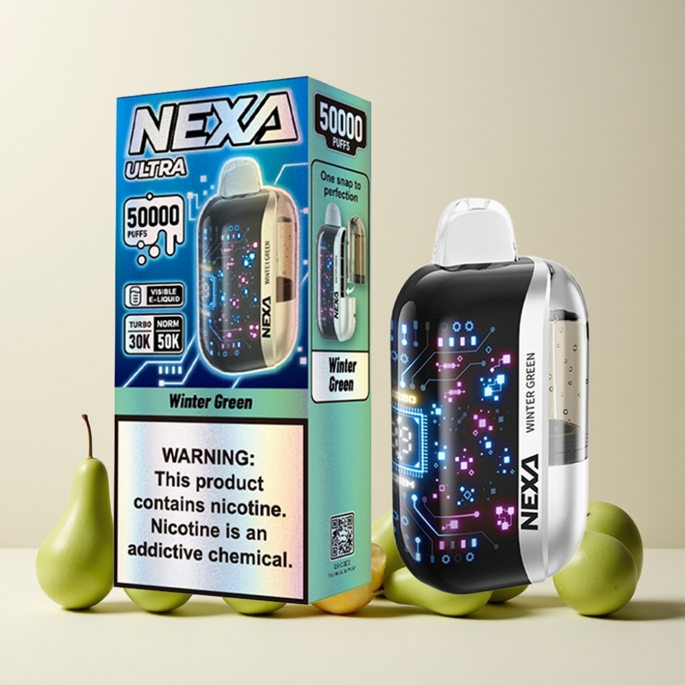 NEXA Ultra 50000 Puff 20ml 800mah 5% Nikotin 0.9ohm Dual Mesh 3D Skärm Typ-C Sverige Grossist Vintergrönt