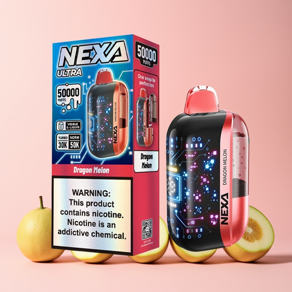 NEXA Ultra 50000 Puff 20ml 800mah 5% Nikotin 0.9ohm Dual Mesh 3D Skärm Type-C Sverige Grossist Draken Melon