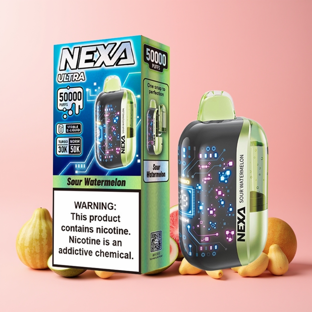 NEXA Ultra 50000 Puffs 20ml 800mah 5% Nikotin 0.9ohm Dual Mesh 3D Curved Skärm Type-C Sverige Grossist Surt Vattenmelon
