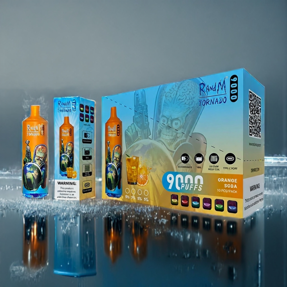 Apelsinsoda RandM Tornado 9000 Puffar, 850 mAh Laddningsbar, 18 mL E-vätska, Mesh Coil, RGB Display, 54 Smaker Sverige Grossist