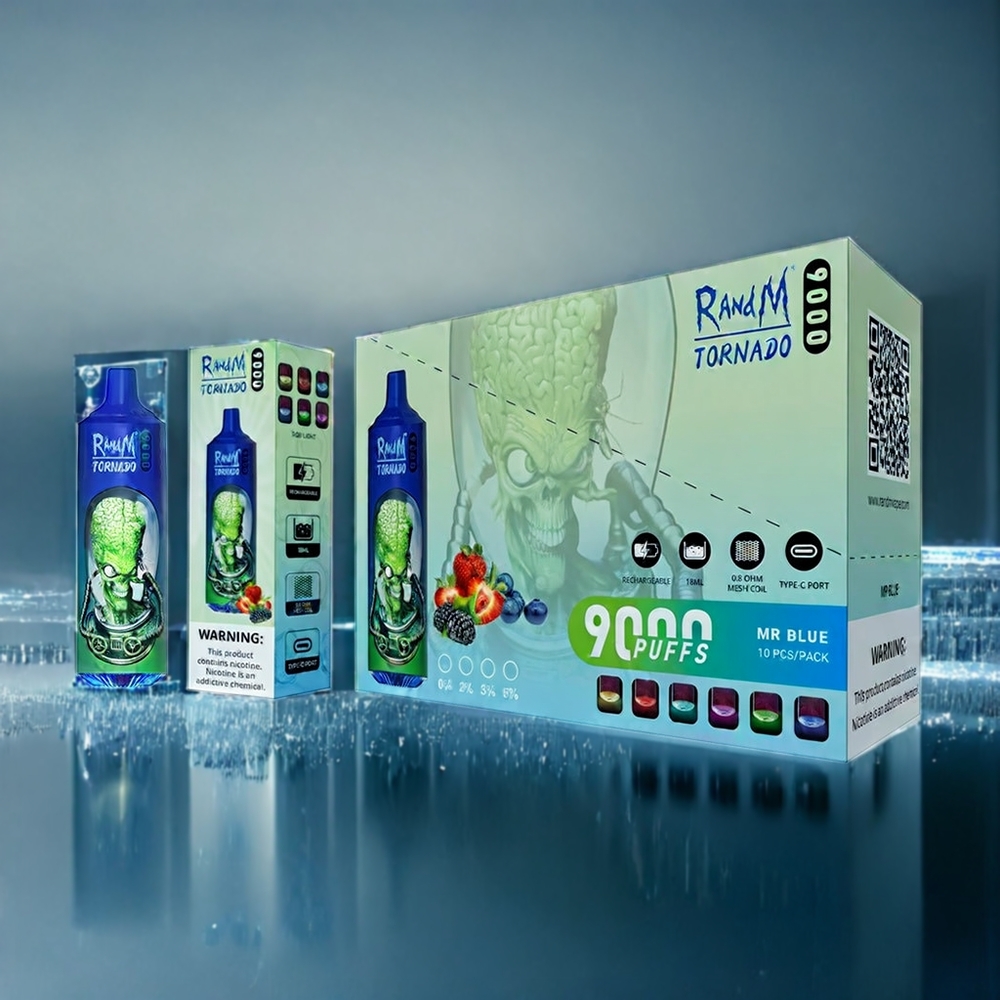 Blå Smak Kombination Fumot Tornado 9000 Puffar 850 mAh 18 mL Mesh Coil RGB Display 54 Smaker Sverige Grossist Mr Blue