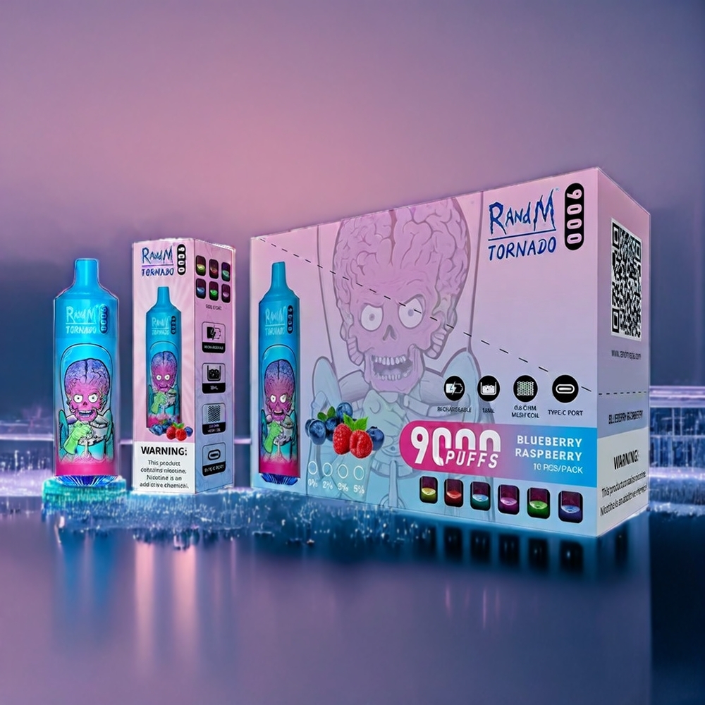 Blåbär Hallon RandM Tornado 9000 Puffar 850 mAh 18 mL Mesh Coil RGB Display 54 Smaker Sverige Grossist