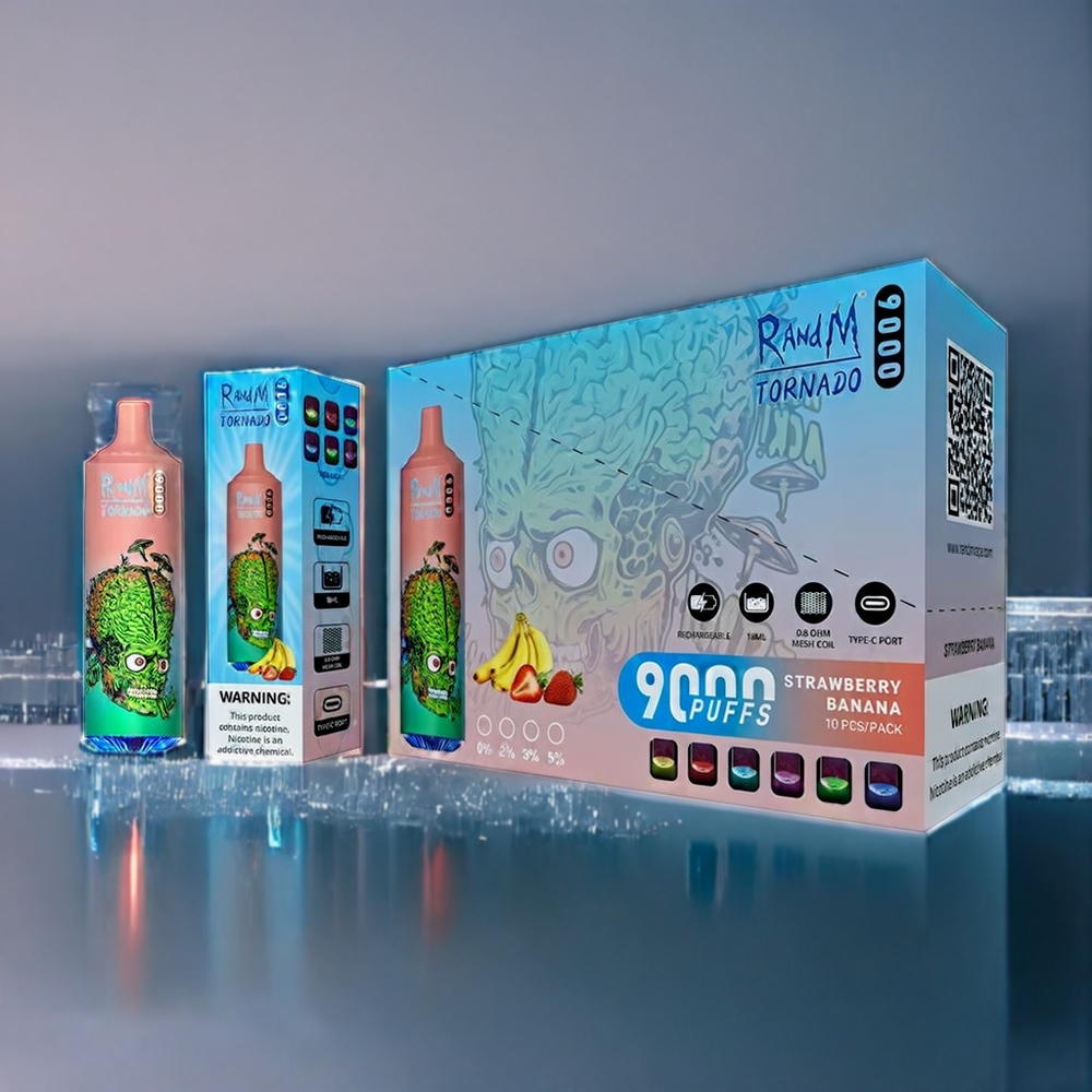 Jordgubb Banan RandM Tornado 9000 Puffar 850 mAh 18 mL Mesh Coil RGB Display Sverige Grossist
