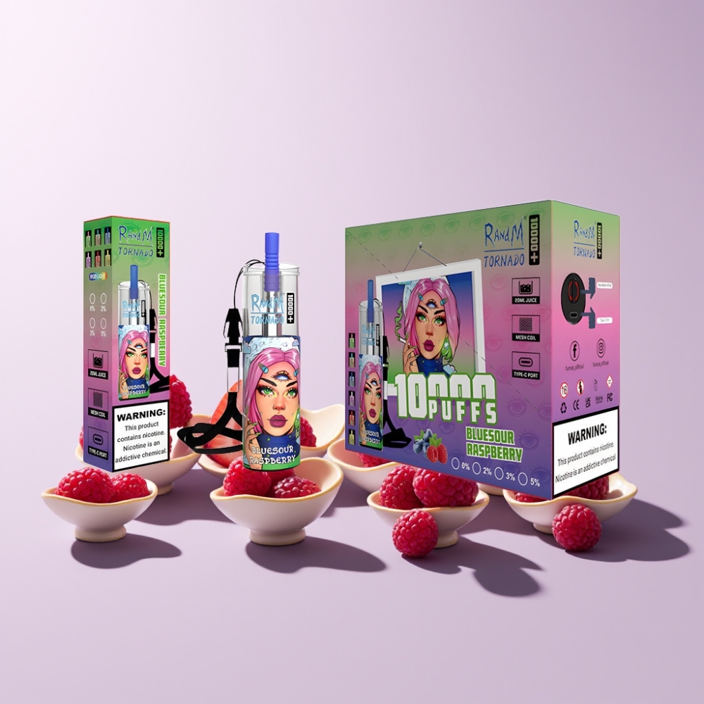 RandM Fumot Original Tornado 10000 Plus Sverige Grossist Disposable Vape 20 ml 850 mAh Mesh Coil Type-C RGB Lights Blåsur Hallon
