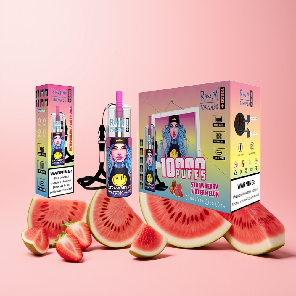 RandM Fumot Original Tornado 10000 Plus Sverige Grossist Disposable Vape 850 mAh Mesh Coil Type-C RGB Jordgubb Vattenmelon