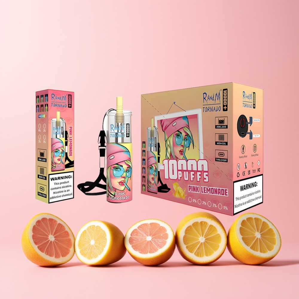RandM Fumot Original Tornado 10000 Plus Sverige Grossist Disposable Vape Med Mesh Coil, RGB Lights, Type-C Port & 20 ml Tank – Rosa Citronläsk