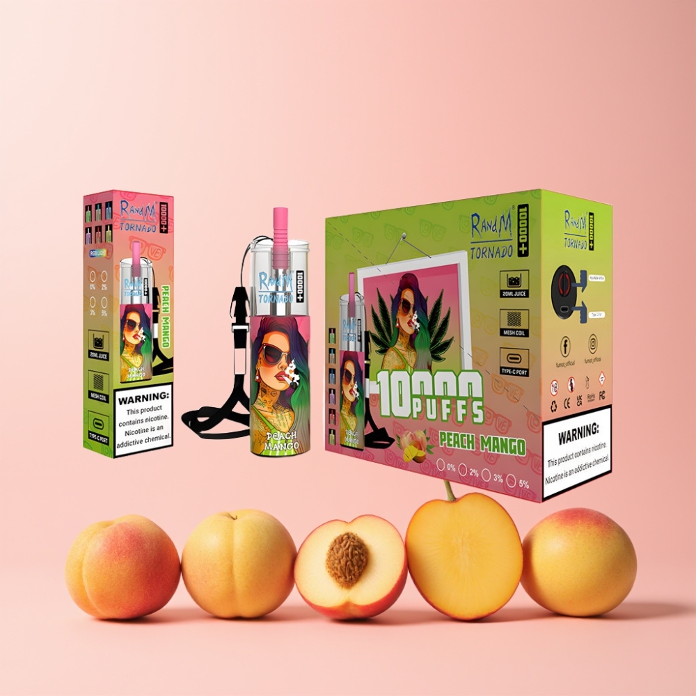 RandM Fumot Original Tornado 10000 Plus Sverige Grossist Disposable Vape Mesh Coil RGB Type-C 850 mAh Persika Mango
