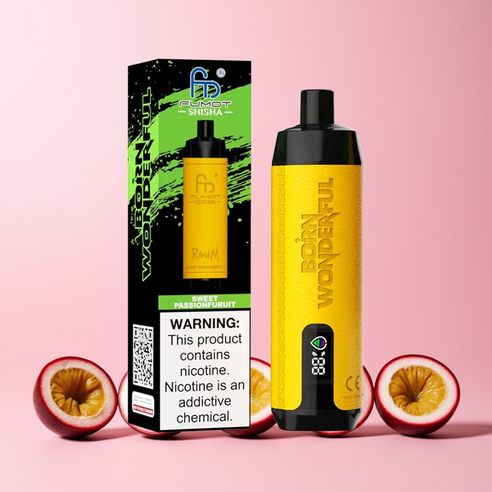 RandM Fumot Shisha 10000 Puffar LED Indicator 18ml Förfylld E-vätska 850 mAh Batteri 0.6ohm Mesh Coil Type-C Port 0.5% Nikotin Söt Passionfrukt Sverige Grossist