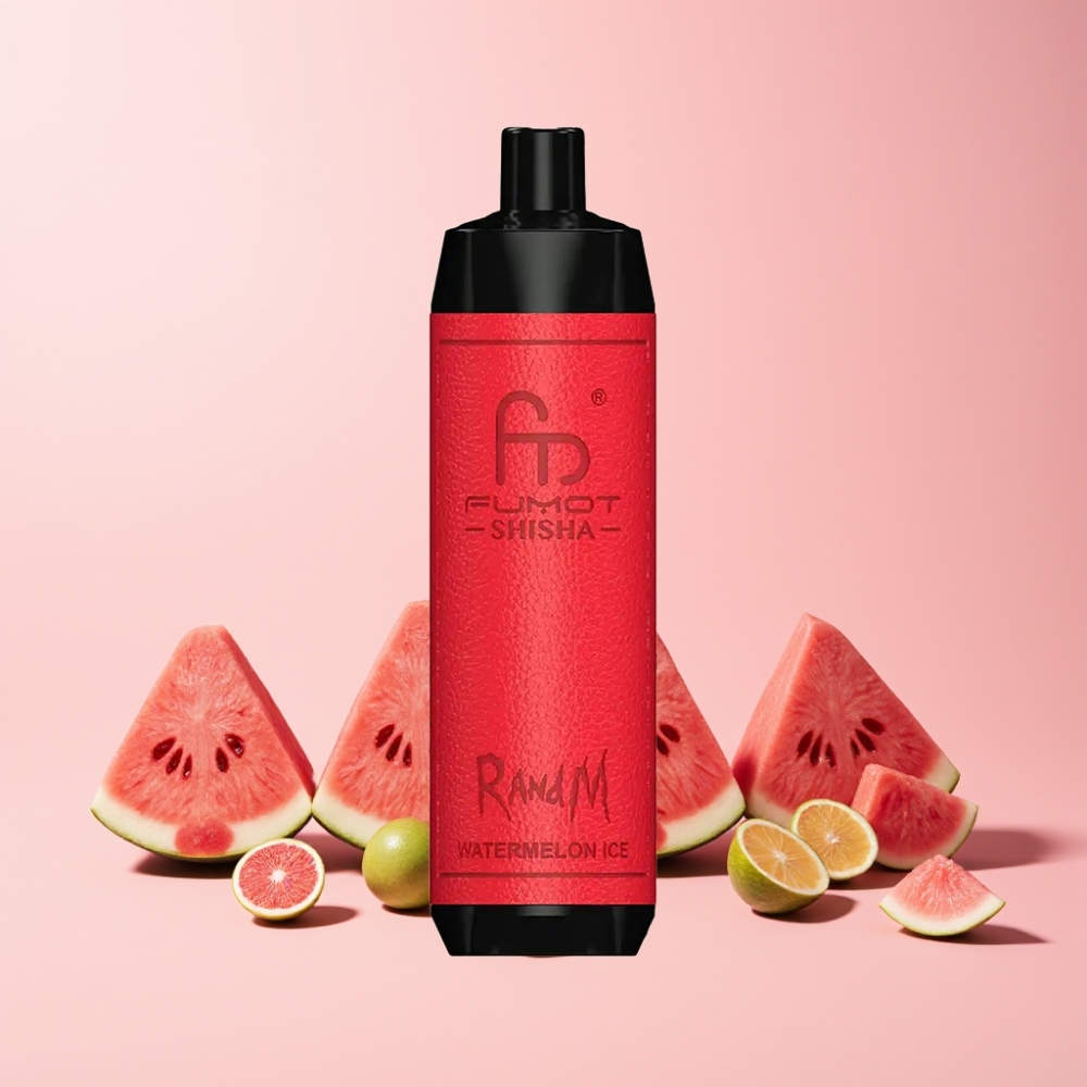 RandM Fumot Shisha 10000 Puffar LED Indikator 18ml Förfylld E-vätska 850 mAh Batteri 0.6ohm Mesh Coil Type-C Port 0.5% Nikotin Vattenmelon Is Sverige Grossist