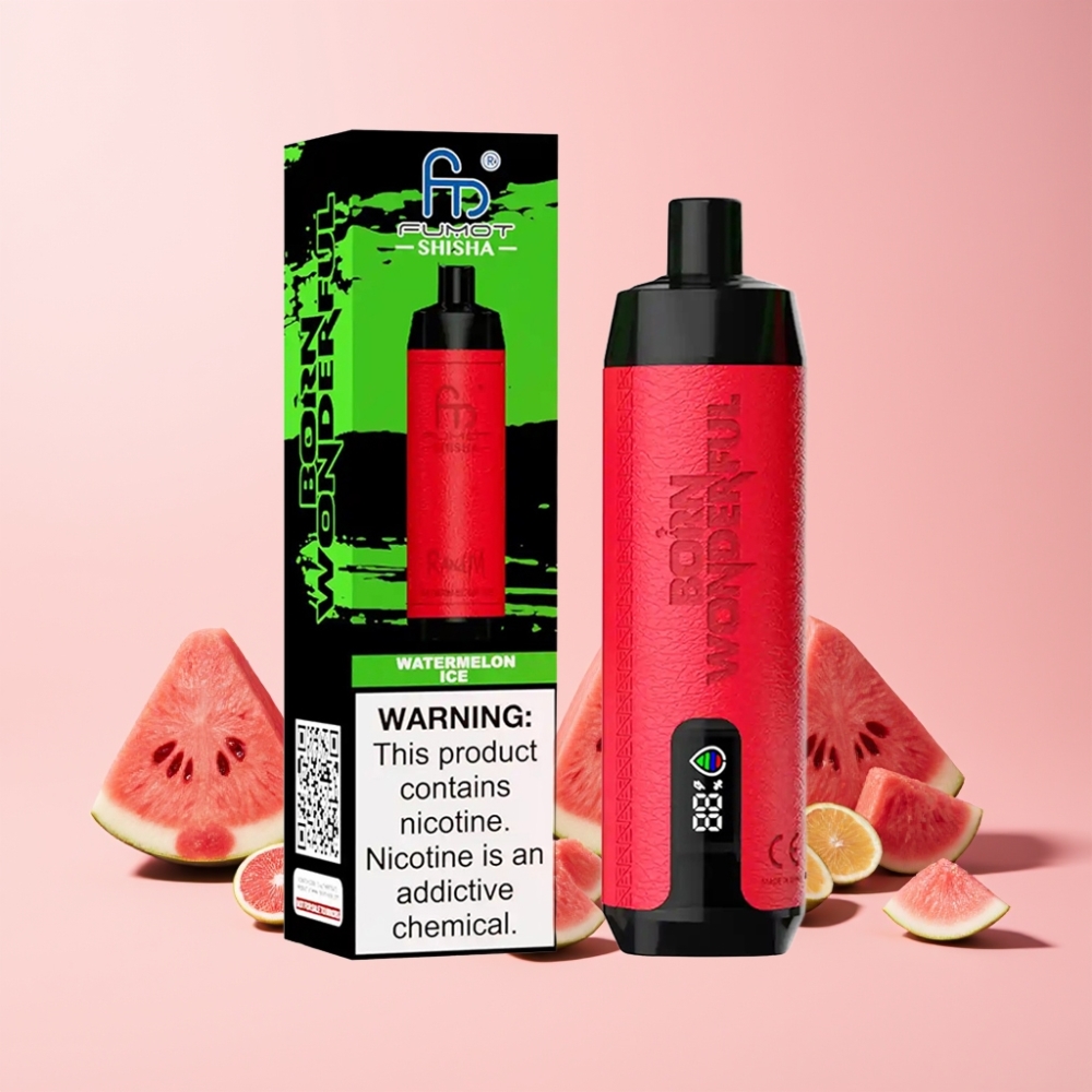 RandM Fumot Shisha 10000 Puffar LED Indikator 18ml Förfylld E-vätska 850 mAh Batteri 0.6ohm Mesh Coil Type-C Port 0.5% Nikotin Vattenmelon Is Sverige Grossist