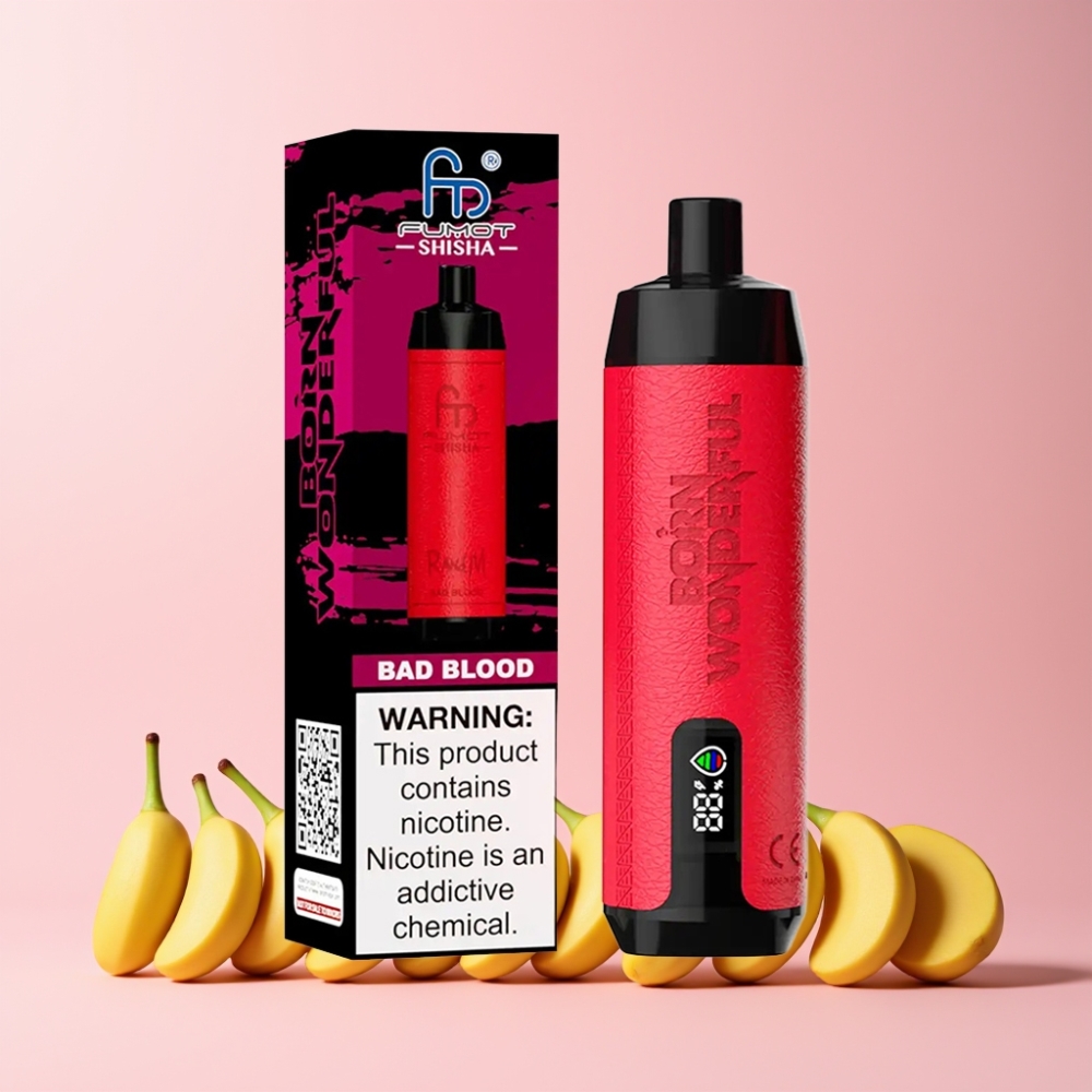 RandM Fumot Shisha 10000 Puffs LED Indikator 18ml Förfylld E-vätska 850 mAh Batteri 0.6ohm Mesh Coil Type-C Port 0.5% Nikotinhalt Sverige Grossist Dåligt Blod