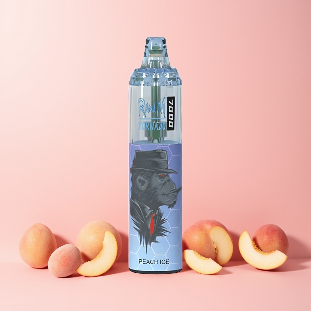 RandM Fumot Tornado 7000 Drag 14 ML E-liquid 850 MAH Batteri Mesh Coil Type-C Port RGB Ljus 0%,2%,3%,5% Nikotin Luftjusterbar Persika Is Sverige Grossist