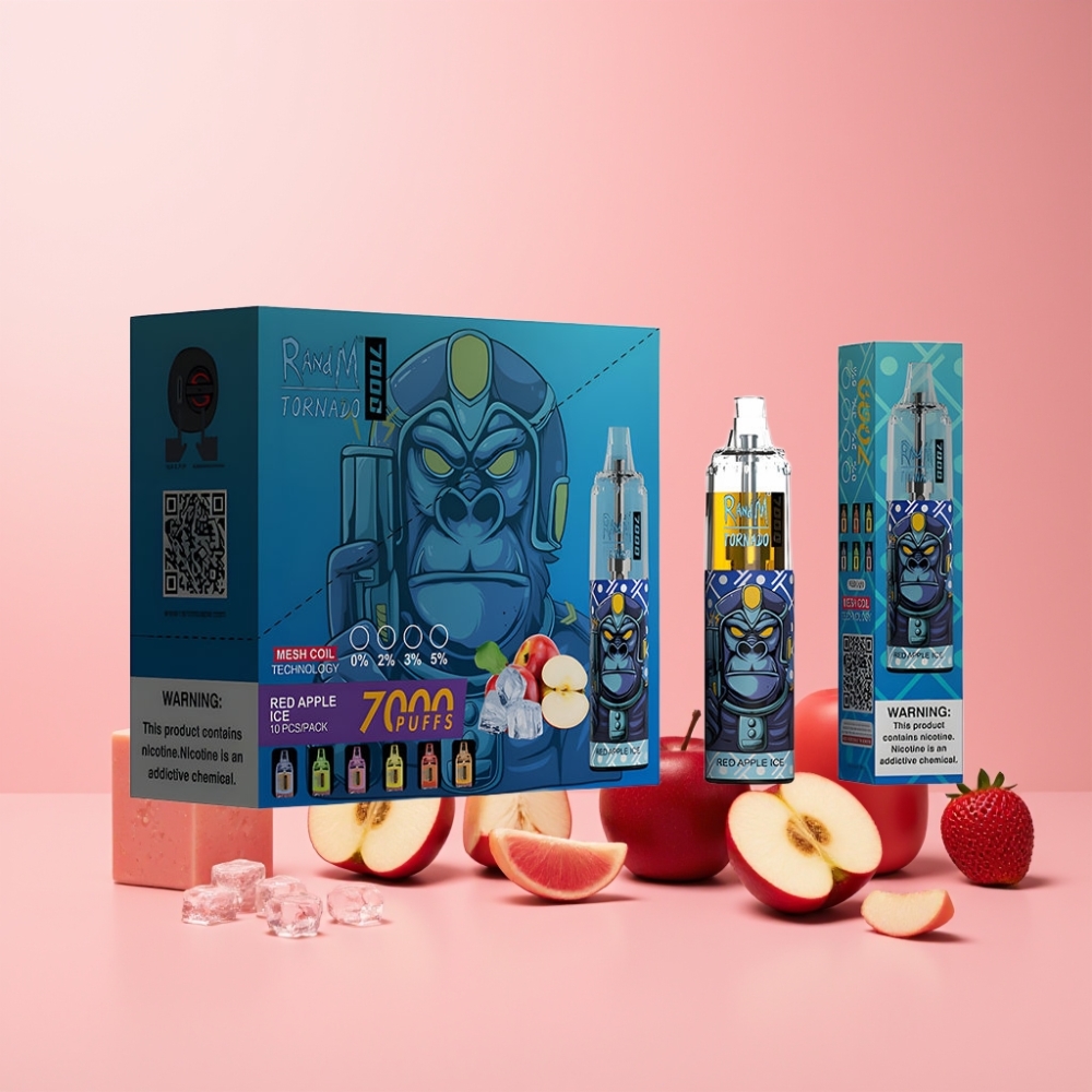 RandM Fumot Tornado 7000 Drag 14 ML E-liquid 850 MAH Batteri Mesh Coil Type-C Port RGB Ljus 0%,2%,3%,5% Nikotin Luftjusterbar Röd Äpple Is Sverige Grossist