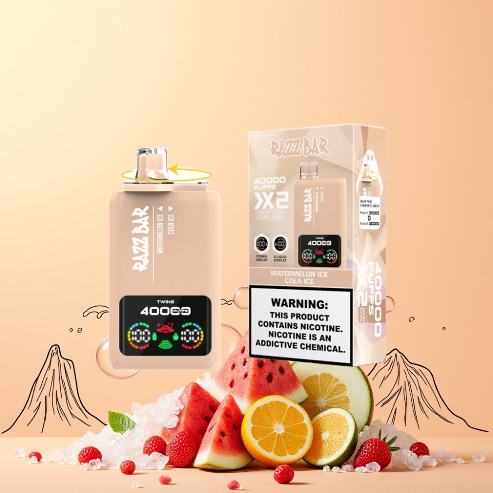 Razz Bar 40000 Puffs Power Screen Display 1.0Ω 2 Mesh Coil 650 Mah Type-C Sverige Grossist Vattenmelon Is & Cola Is