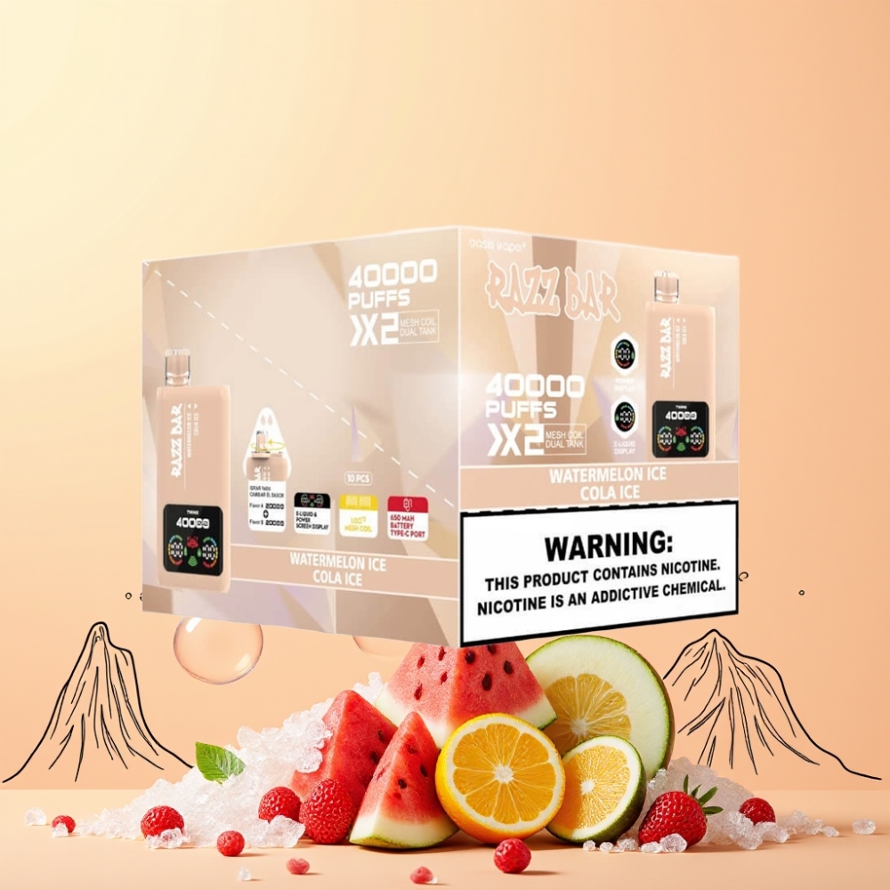 Razz Bar 40000 Puffs Power Screen Display 1.0Ω 2 Mesh Coil 650 Mah Type-C Sverige Grossist Vattenmelon Is & Cola Is