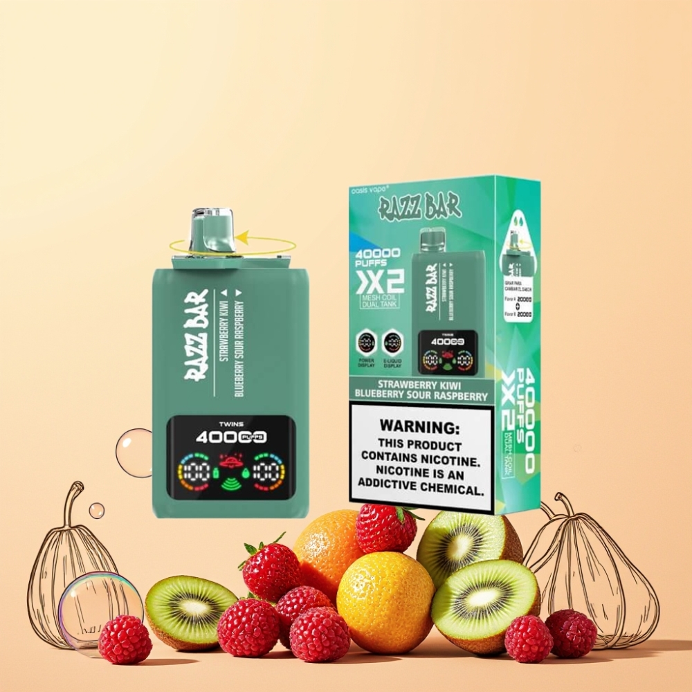 Razz Bar 40000 Puffs Power Screen Display 1.0Ω 2 Mesh Coil Sverige Grossist Jordgubbe Kiwi & Blåbär Sur Hallon