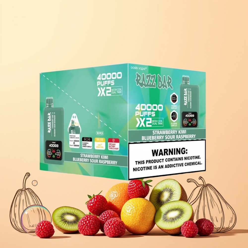 Razz Bar 40000 Puffs Power Screen Display 1.0Ω 2 Mesh Coil Sverige Grossist Jordgubbe Kiwi & Blåbär Sur Hallon