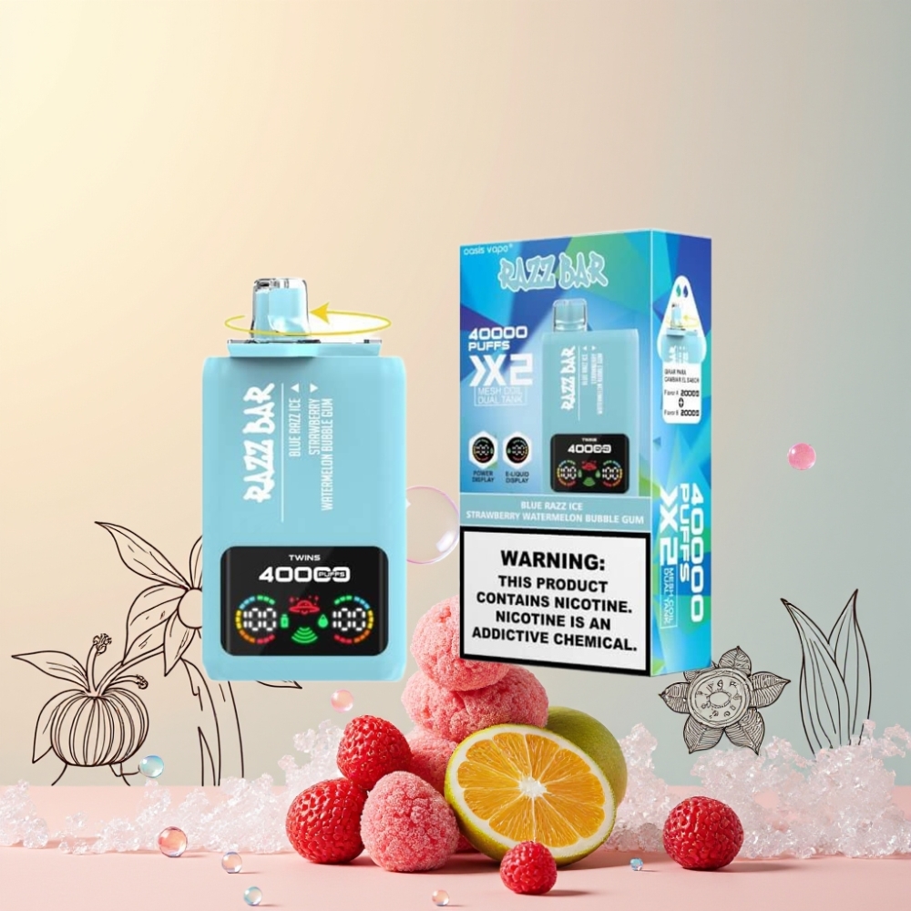 Razz Bar 40000 Puffs Skärmdisplay 1.0Ω 2 Mesh Coil 650 Mah Type-C Sverigegrossist Blå Hallon Is & Jordgubb Vattenmelon Tuggummi