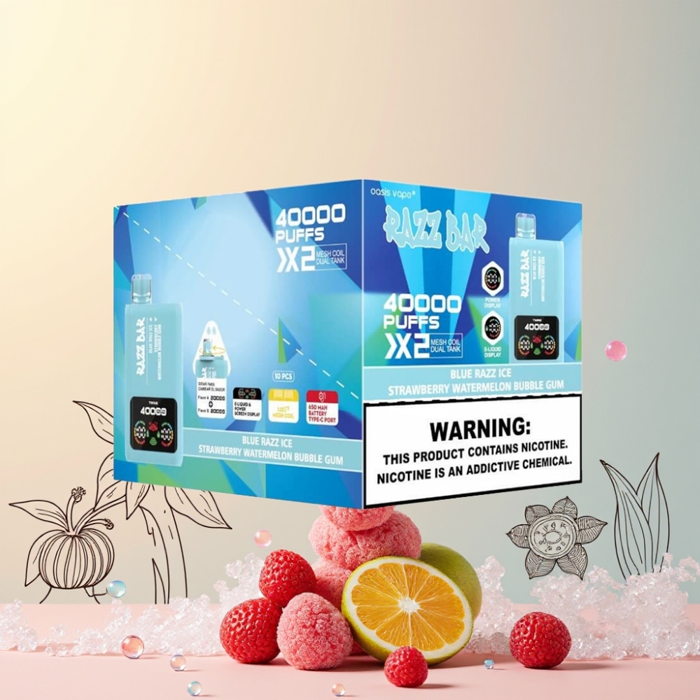 Razz Bar 40000 Puffs Skärmdisplay 1.0Ω 2 Mesh Coil 650 Mah Type-C Sverigegrossist Blå Hallon Is & Jordgubb Vattenmelon Tuggummi