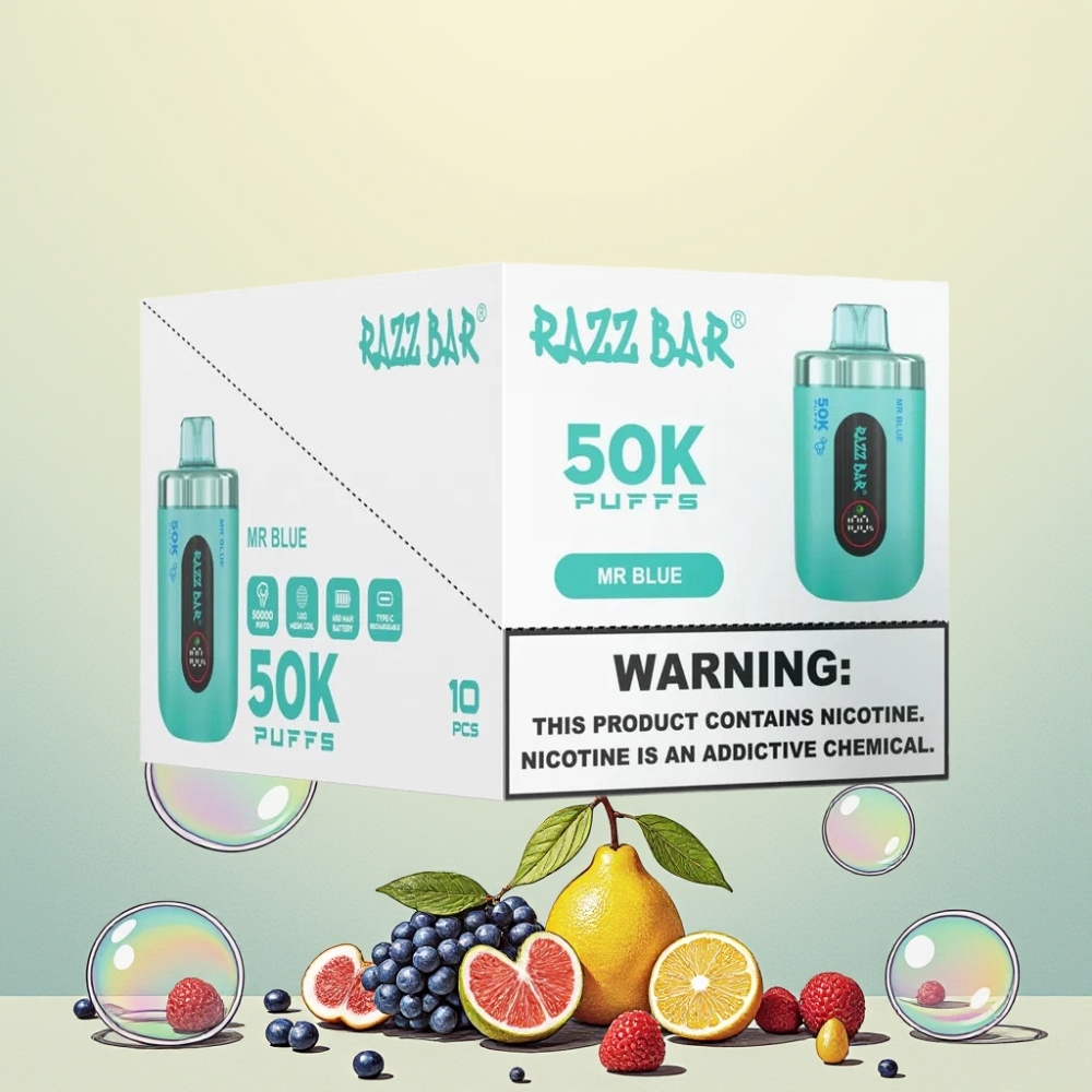 Razz Bar 50K Puffar Engångsvape 1.0 Ohm Mesh Coil Type-C 2% Nikotin Herr Blå Sverige Grossist