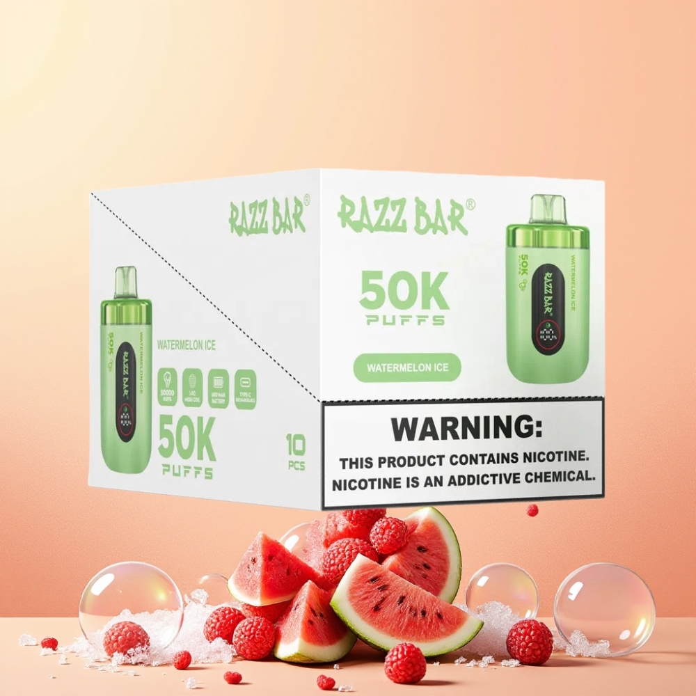 Razz Bar 50K Puffs 1.0 Ohm Mesh Coil 650 Mah Battery Type-C Rechargeable 2% Nikotin Sverige Grossist Vattenmelon Is