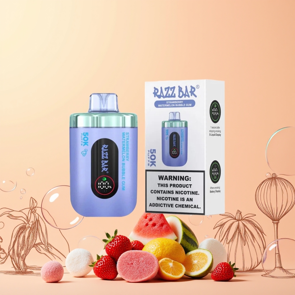 Razz Bar 50K Puffs 1.0 Ohm Mesh Sverige Grossist Jordgubb Vattenmelon Tuggummi