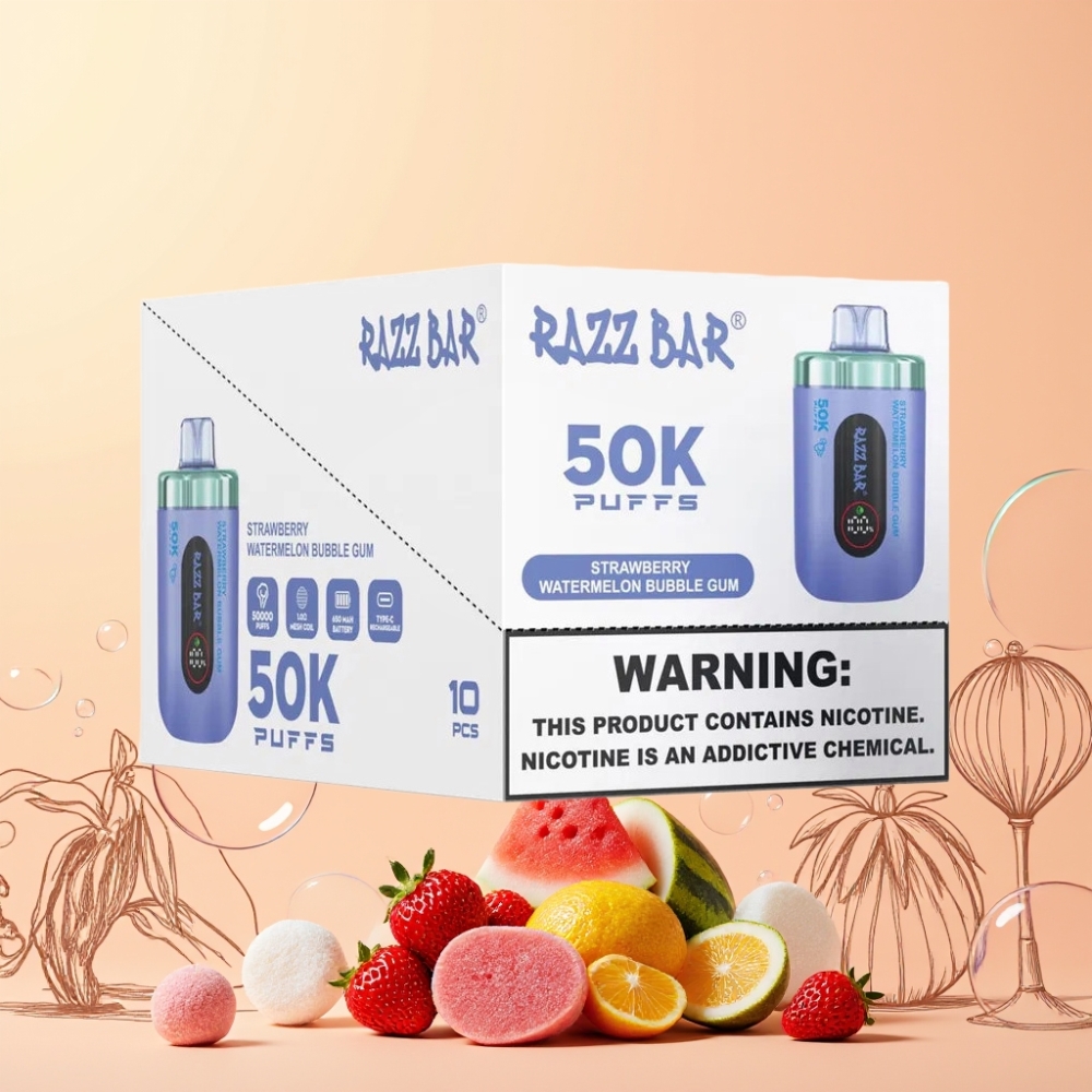 Razz Bar 50K Puffs 1.0 Ohm Mesh Sverige Grossist Jordgubb Vattenmelon Tuggummi